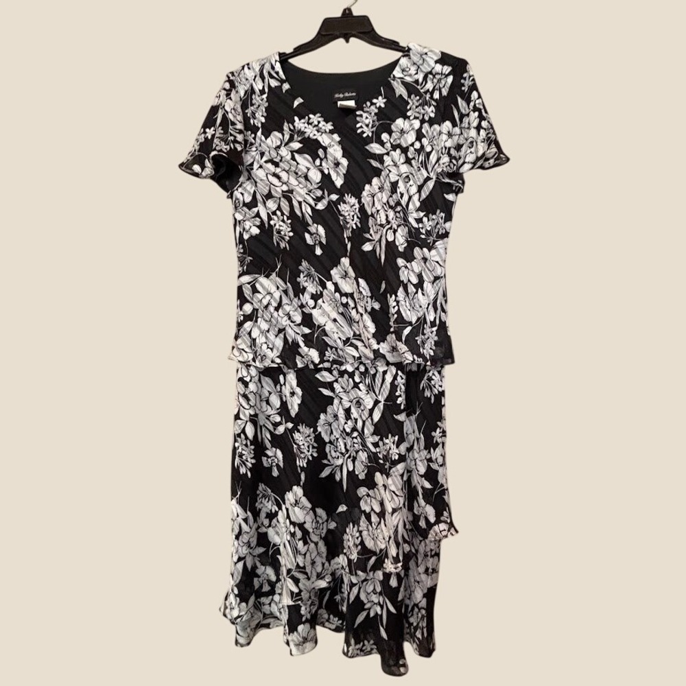 Vintage Kathy Roberts  Black White Floral Mock Two-Piece Midi Dress Size 18 Y2K